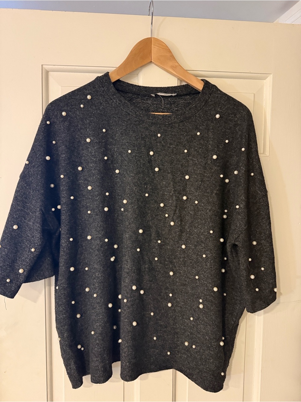 Zara Charcoal Gray Pearl-Accent Crewneck Sweater